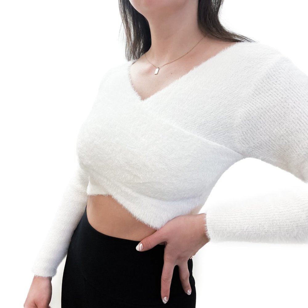 Fuzzy Knit Crisscross Cropped Sweater Small